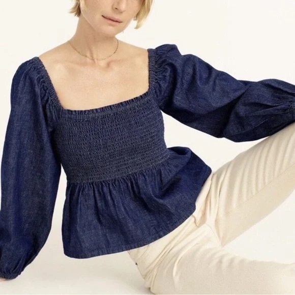 J Crew Long Puff Sleeve Chambray Top Dark Wash Smocked Top - Picture 1 of 5